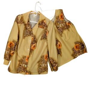 Vintage Shaker Sport Shirt Set Womens Large Yellow Floral Long Sleeve Button Up